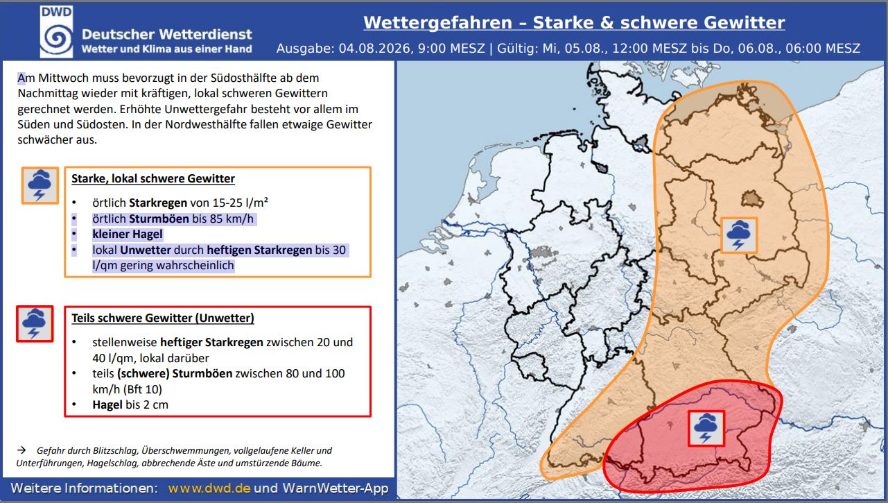 Wettergefahr durch starke und schwere Gewitter vom Mittwoch, 05.08. bis Donnerstag, 06.08.