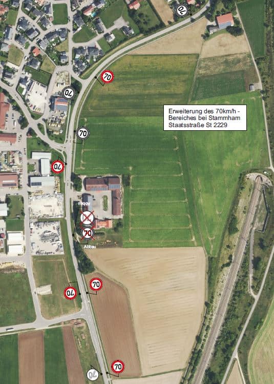 Information zur Erweiterung des 70 km/h - Bereiches auf der Staatsstraße St2229 Stammham