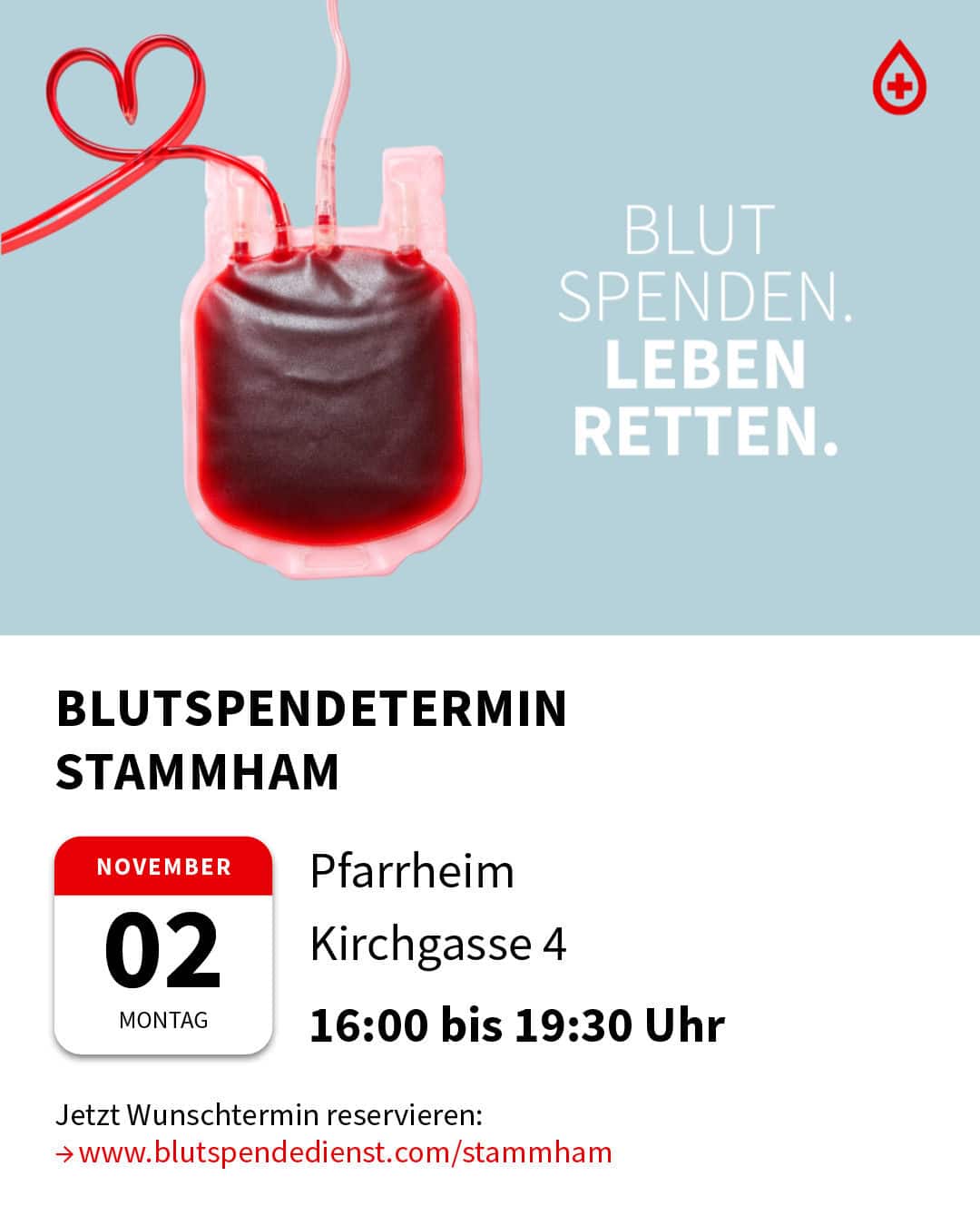 Blut spenden - Leben retten! Am 2. November 2026 im Pfarrsaal